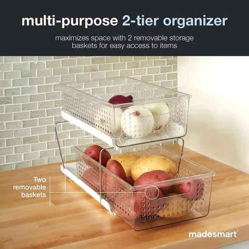 Miniatura 4 de madesmartOrganizador de 2 niveles, cestas de almacenamiento de deslizamiento multiusos con asas, claro