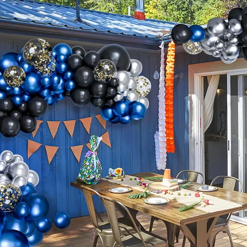 Miniatura 7 de Kit de guirnalda de arco de globos de color azul metálico y negro, globo plateado metálico con lentejuelas doradas, 122 piezas para cumpleaños, Azul