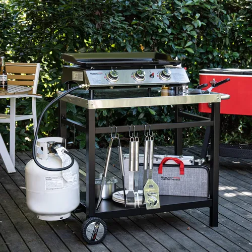 Miniatura 9 de Royal Gourmet Mesa de Carrito de Comedor con Doble Estante, Carrito de Parrilla de Superficie Plana de Acero Inoxidable Móvil, Ganchos, Mango