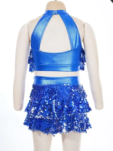 Miniatura 54 de JEATHA Top corto con borlas y lentejuelas brillantes para niñas, con minifalda, jazz latino, salsa, samba, rumba, baile