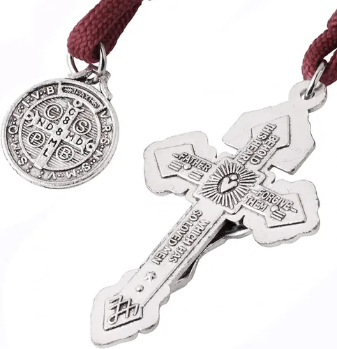 Miniatura 10 de Rosario de bolsillo estilo abierto una década de acero inoxidable rosario católico con crucifijo medalla de San Benito con bolsa de regalo