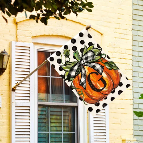 Miniatura 2 de AVOIN colorlife Bandera de casa con monograma de otoño con letra G, diseño de lunares, calabaza, 28 x 40 pulgadas, doble cara exterior, pequeña