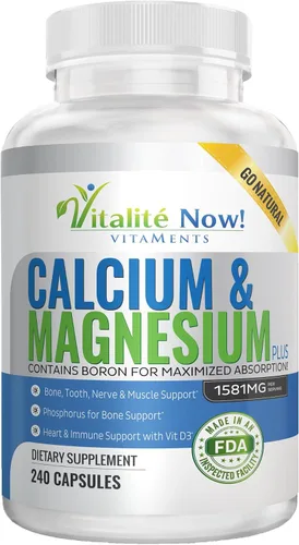 Vitalité Now! Suplemento de calcio y magnesio con vitamina D – 10 formas de calcio 1000 mg para una máxima absorción – Apoyo de fuerza ósea con boro
