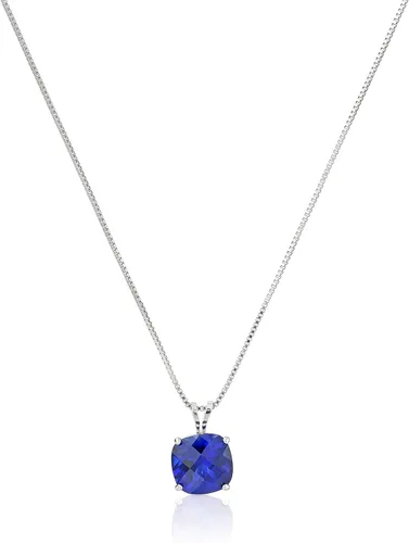 Collar con colgante de piedra preciosa cortada en damero tipo cojín de plata de ley (8mm), plata de ley, Azul, MCP3241W-SILCBS
