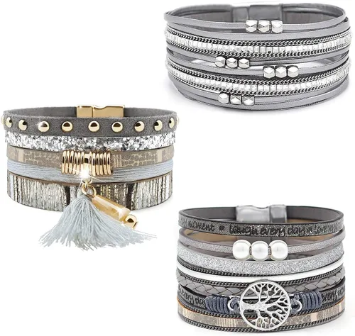 Miniatura 11 de Wowanoo - Juego de 3 pulseras de cuero de varias capas con cierre magnético para mujer, con cristales, ramas de árbol pulseras para mujer.
