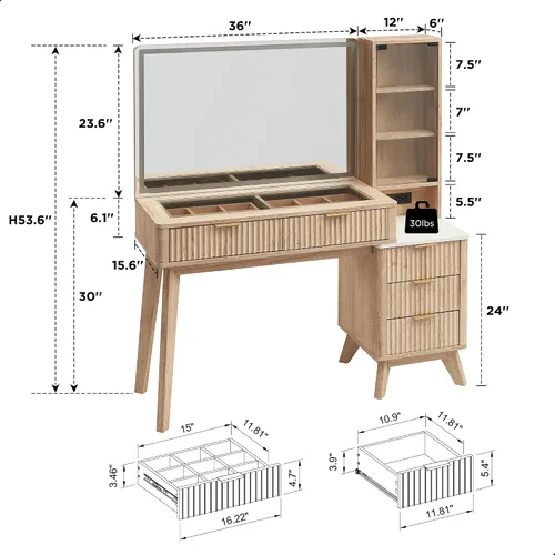 Miniatura 2 de RedLemon Escritorio de tocador acanalado de 48 pulgadas con espejo HD grande de 36 pulgadas y luces, mesa de maquillaje moderna de vidrio de madera