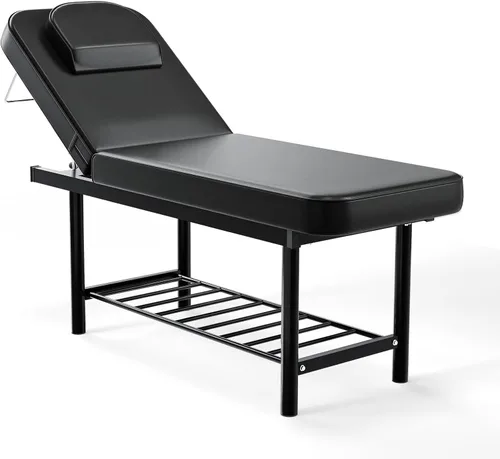 OmySalon Mesa de masaje, cama de tratamiento resistente, altura ajustable y respaldo, cama facial para salón de terapia física profesional (negro,