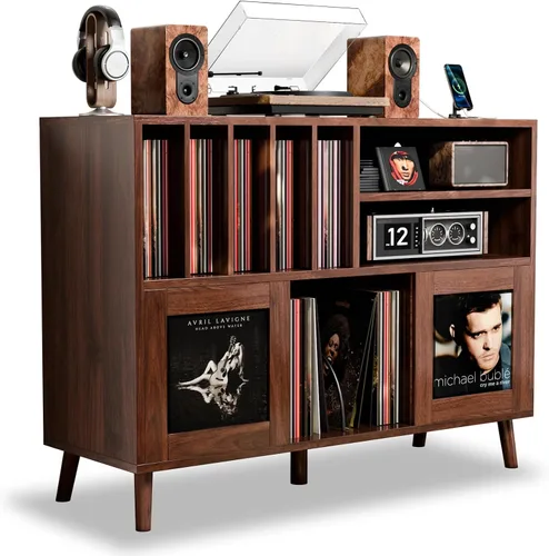 Miniatura 10 de Soporte XL para tocadiscos con puertas corredizas, gabinete de almacenamiento de discos de vinilo con estación de carga y puertos USB, mesa moderna