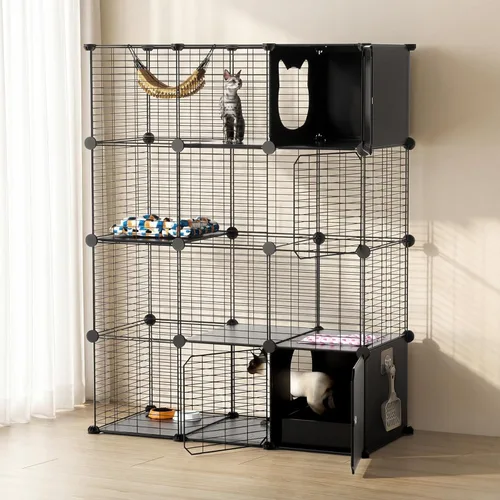 Miniatura 9 de Recinto Grande de 3 Niveles para Gatos para Interiores y Exteriores con Caja de Arena, Corralito Multifuncional Desmontable Catio - Jaula Perrera