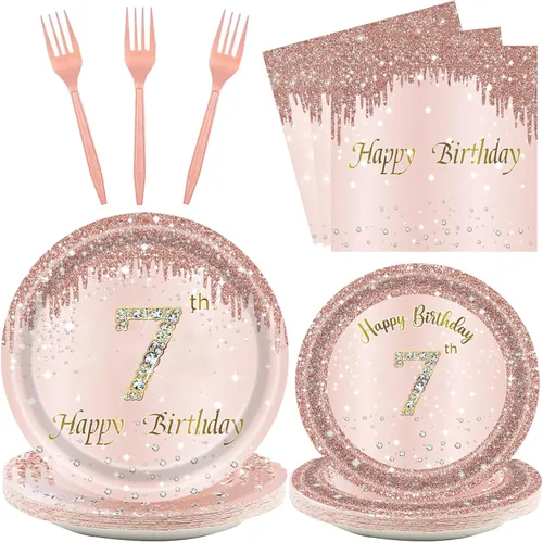 Juego de 24 platos y servilletas, tenedores, suministros de fiesta para 7 años de edad, desechables, color oro rosa, para 24 invitados
