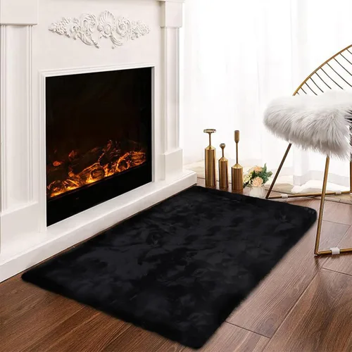 Latepis Alfombra Pequeña Negra Esponjosa 2x3 pies Manta de Piel Sintética de Conejo Alfombra Suave Lavable Alfombras Peludas Shag para Dormitorio,