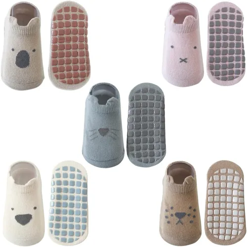 Exegawe Calcetines de bebé con agarres, 5 pares de calcetines antideslizantes para el suelo de dibujos animados para niños pequeños