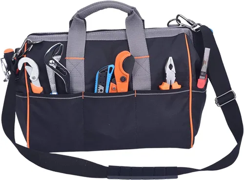 Miniatura 7 de MEIJIA Bolsa de herramientas impermeable resistente, organizador de herramientas de lona de boca ancha de 14 pulgadas con correa de hombro ajustable