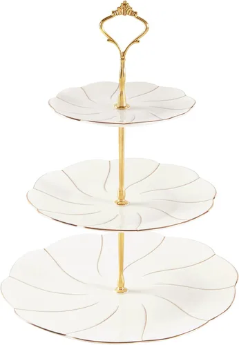 Miniatura 14 de DUJUST Torre de porcelana de lujo de 2 niveles para cupcakes, bandeja de servir estilo británico con borde dorado, soporte de exhibición de postres