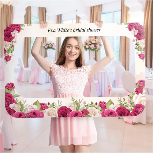 Marco de fotos de novia personalizado con rosas en tonos fucsia, marco de fotos personalizado con rubor, accesorio de fotos de rosas florecientes