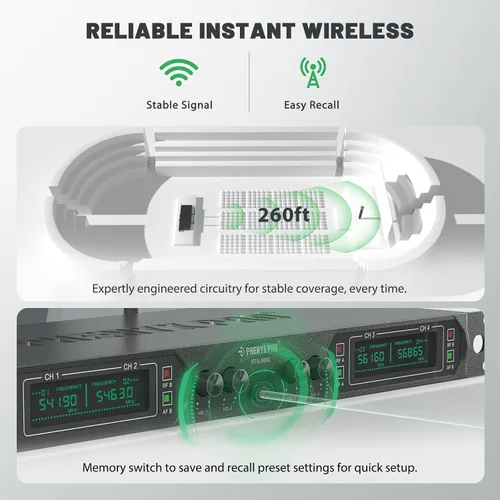 Miniatura 6 de Phenyx Pro Sistema de micrófono inalámbrico, juego de micrófono inalámbrico UHF de 4 canales con micrófonos de mano/bodypack/auricular
