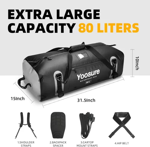 Miniatura 4 de Bolsa de lona impermeable de 80 Lt, mochila seca para motocicleta, bolsas impermeables con cremallera y almohadilla espaciadora para kayak, rafting