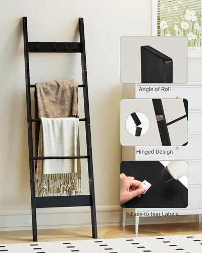 Miniatura 6 de Hzuaneri Escalera para manta para sala de estar, estante decorativo para edredón con 4 ganchos extraíbles, 5 niveles de soporte de escalera de Negro