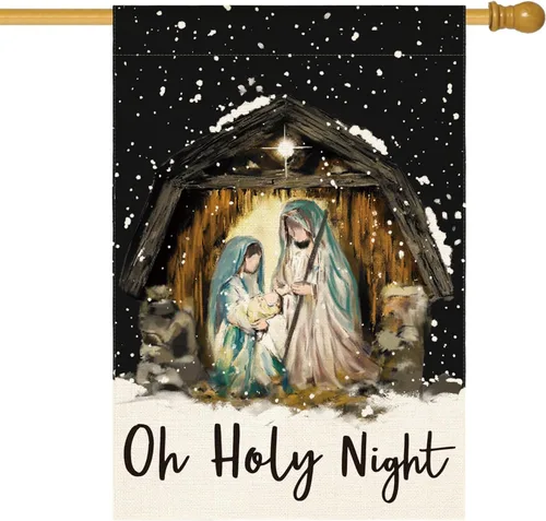 AVOIN colorlife Bandera de la casa de la Natividad de Jesús de la Noche Santa de 28 x 40 pulgadas, bandera decorativa de Navidad de invierno para