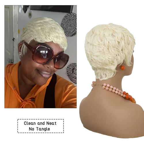 Miniatura 4 de DOcute - Pelucas cortas rubias estilo Pixie para mujeres negras, pelucas cortas para mujeres negras, estilo Pixie, pelucas para mujeres negras