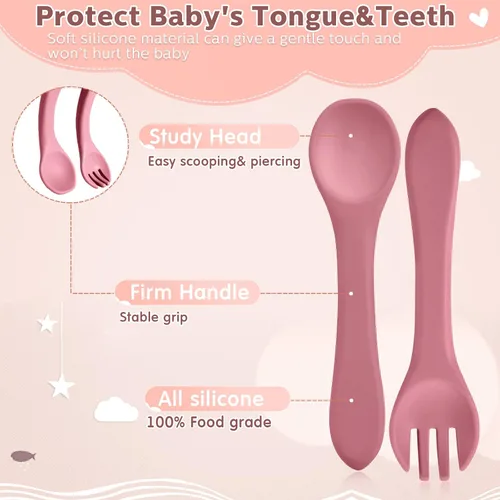 Miniatura 4 de Juego de 10 cucharas de destete y tenedores LED para bebés, cucharas de silicona para bebés, primeros utensilios de entrenamiento para bebés