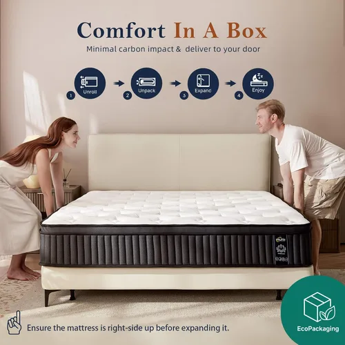 Miniatura 7 de Colchón HELFIM® tamaño matrimonial de 10 pulgadas - Colchón ergonómico de firmeza media con resortes en bolsillos de zonas híbridas y espuma