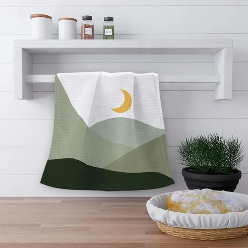 Miniatura 3 de OHSUL Juego de 2 paños de cocina abstractos bohemios con diseño de sol y luna, verde salvia, montaña verde salvia, altamente absorbentes, toallas