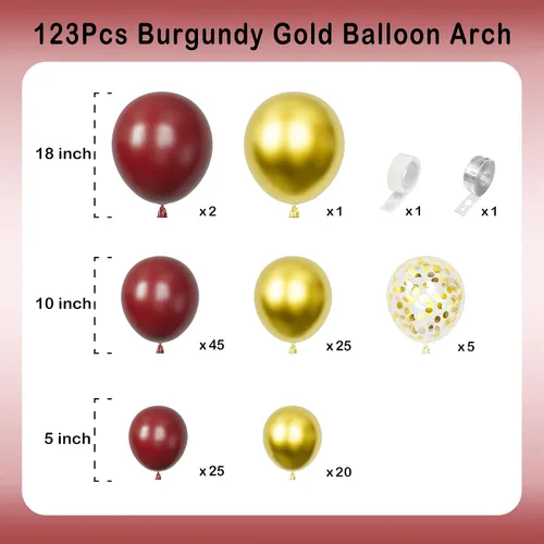 Miniatura 2 de Kit de guirnalda de arco de globos dorados burdeos, 123 globos metálicos de confeti para cumpleaños, aniversarios, Año Nuevo, compromisos, bodas
