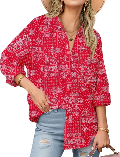 Miniatura 28 de Zeagoo - Blusas de lino con botones para mujer, de gasa, algodón, manga larga, blusas informales con cuello, corte holgado