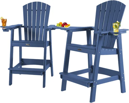 Miniatura 10 de FUNBERRY Juego de 2 sillas altas Adirondack con mesa de conexión extraíble, silla de balcón alta para todo tipo de clima con portavasos