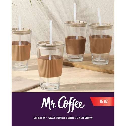 Miniatura 2 de Mr. Coffee Sip Savvy - Paquete de 4 vasos de vidrio marrón latte de 15 onzas con tapas y pajillas, reutilizables para café helado, aptos para Latte