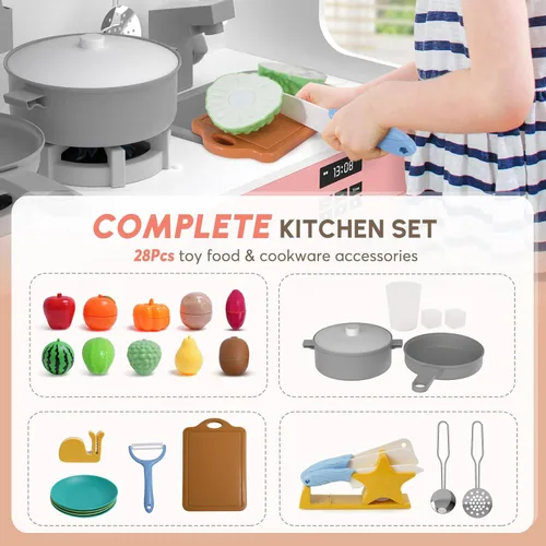 Miniatura 3 de BIERUM Cocina de Juguete con Luces y Sonidos Realistas, Juego de Cocina de Madera con 28 Piezas de Comida de Juguete y Accesorios de Utensilios