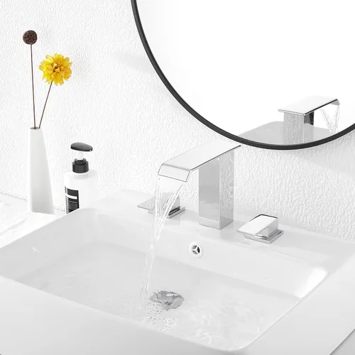 Miniatura 5 de Grifo de baño cromado con cascada de 3 agujeros, 2 manijas, polisehd, cascada cromada, moderna, con drenaje desplegable Cromo