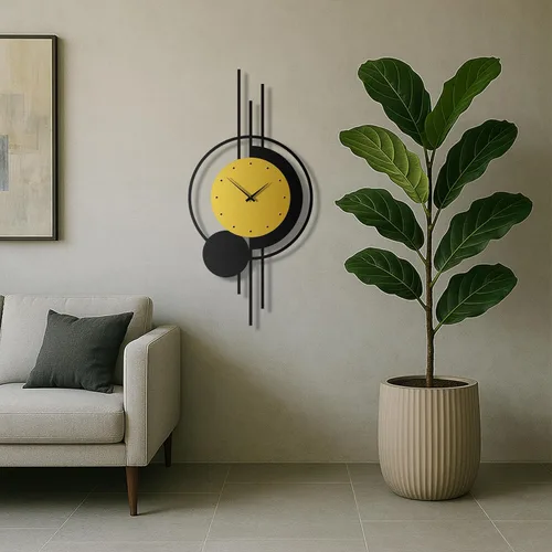 Miniatura 7 de pluviart Reloj de pared geométrico dorado y negro, reloj de metal silencioso grande, arte de pared moderno de mediados de siglo para sala de estar