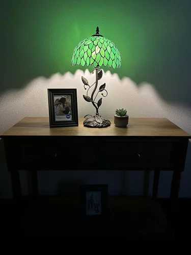 Miniatura 2 de Lámpara de mesa de vidrieras hojas verdes hojas de metal de hierro base de bronce incluida bombilla LED para sala de estar, dormitorio, mesita