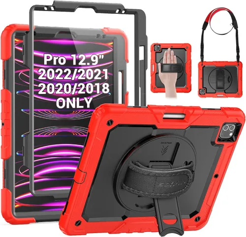 Miniatura 13 de SEYMAC Funda para iPad Pro 12.9 2022/2021/2020/2018, resistente protección a prueba de golpes con protector de pantalla, soporte giratorio de 360°