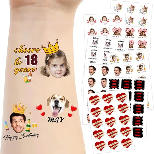 Miniatura 10 de Tatuajes temporales personalizados para la cara, tatuajes faciales personalizados con nombre de foto, logotipo, texto, calcomanía de tatuaje falsa