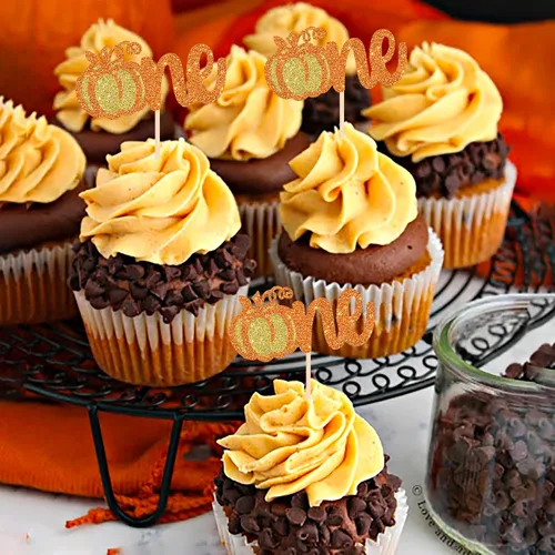 Miniatura 6 de Rsstarxi Paquete de 24 decoraciones de calabaza con purpurina para cupcakes de primer cumpleaños, decoración de pastel de calabaza para el primer