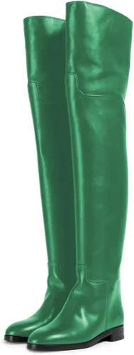 Miniatura 14 de YDN Botas planas de pantorrilla ancha para mujer, con puntera redonda, por encima de la rodilla, con tacón bajo, botas altas hasta el muslo, zapatos