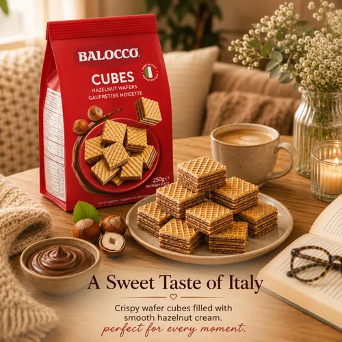 Miniatura 4 de Balocco Galletas en forma de cubo de obleas de avellana 8.8 oz (250 g) Galletas de oblea cuadradas italianas crujientes con 4 capas de crema