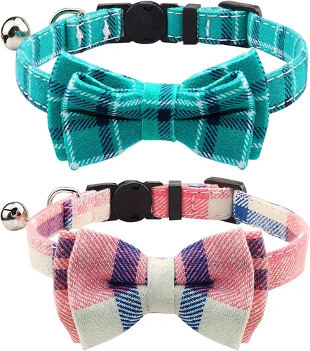 Miniatura 23 de Joytale Collar de gato mejorado con campanas, collares de gato separables con corbatín, 1 paquete de collares de gatito de cuadros de seguridad