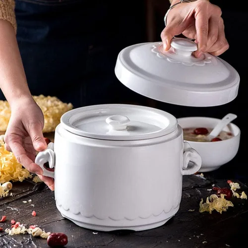 Miniatura 5 de Hemoton Olla de cerámica para estofado de 3.74 x 3.74 x 4.13 pulgadas, pequeña olla blanca con tapa para huevos al vapor, natillas de pájaros, nido