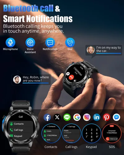 Miniatura 8 de Military Smart Watch for Men with GPS, 1.43" AMOLED Smart Watch with Bluetooth Call, 5ATM Waterproof, 170+ Sports Modes, 700mAh Heart Black