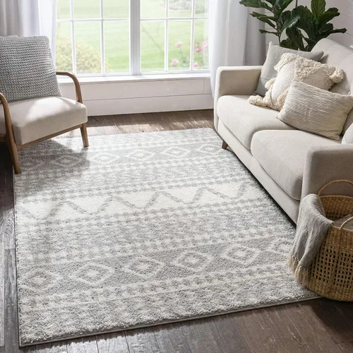 Well Woven Madison Shag Cossima - Alfombra tribal marroquí gris de 5 pies 3 pulgadas x 7 pies 3 pulgadas, crema, 5 pies 3 pulgadas x 7 pies 3