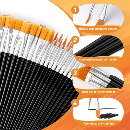 Miniatura 3 de AROIC Pinceles de Pintura Pequeños a Granel, 80 Piezas de Pinceles de Pintura de Cerdas de Nylon Negro para Niños con Punta Plana Redonda