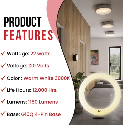 Miniatura 3 de FC8T9/CW - Bombilla circular fluorescente redonda T9 de 22 vatios y 8 pulgadas, blanco frío 4100K, 1120 lúmenes G10Q base de 4 pines 22 W, luces