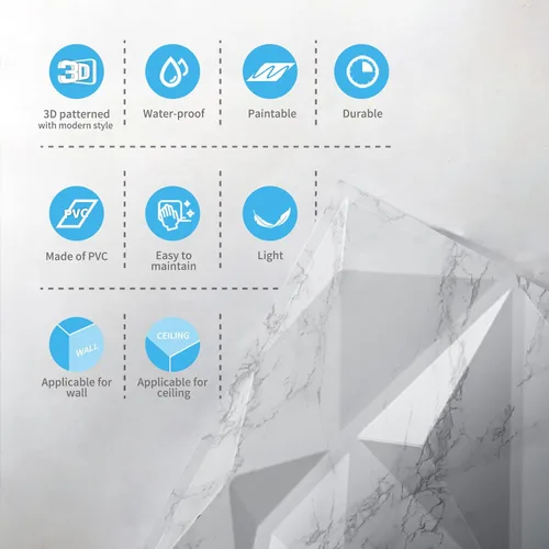Miniatura 7 de Art3d Textures - Paneles de pared 3D con diseño de diamante de mármol blanco brillante para decoración de pared interior, paquete de 12 azulejos