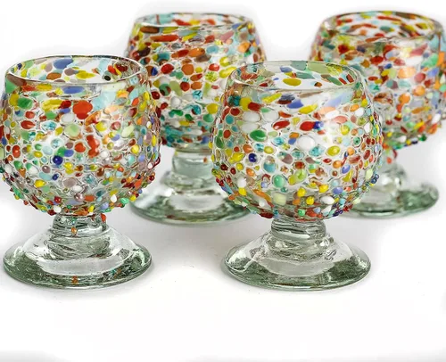 Auténticos vasos de chupito soplados a mano de tequila mexicano - Juego de 4-2 onzas - Mini snifters de vidrio - Base pesada - Coñac (Confeti)