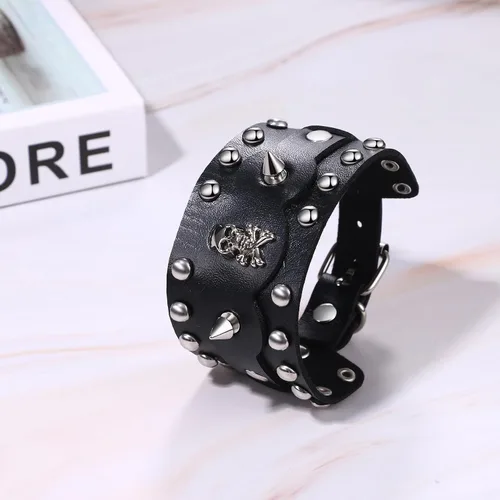 Miniatura 6 de Cupimatch Punk Gothic Skull Rivet Wide Leather Bracelet Cuff Adjustable 7.5"- 8.7" for Father's Day