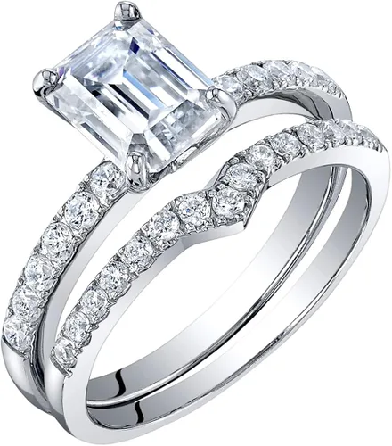Peora Anillo de compromiso y alianza de boda de moissanita de corte esmeralda en plata de ley, centro de 2 quilates, color DE, claridad VVS, tallas